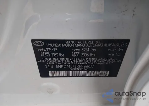 2019 Hyundai Elantra Se из США, поврежденный, VIN 5NPD74LF3KH466077